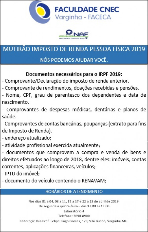 Mutirão Imposto de Renda Pessoa Física 2019